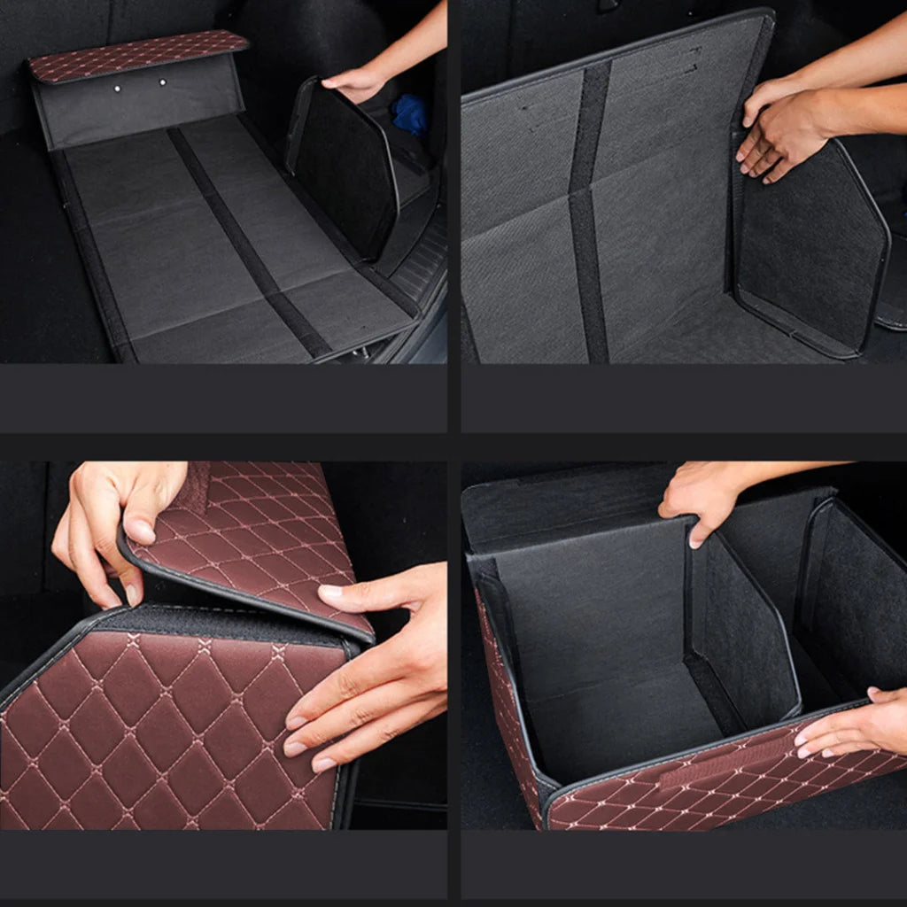 Leather Car Boot Trunk Cargo Organizer 4X Collapsible Foldable Storage Box Coffee/Gold Stitch Small