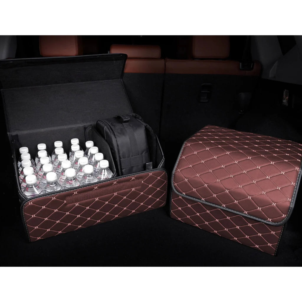 Leather Car Boot Trunk Cargo Organizer 4X Collapsible Foldable Storage Box Coffee/Gold Stitch Medium