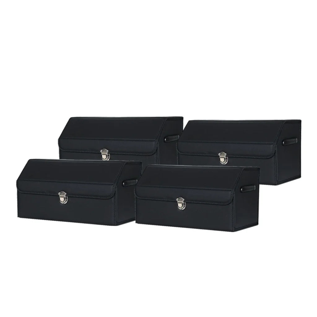 Leather Car Boot Trunk Cargo Organizer 4X Collapsible Foldable Storage Box with Lock Black Medium