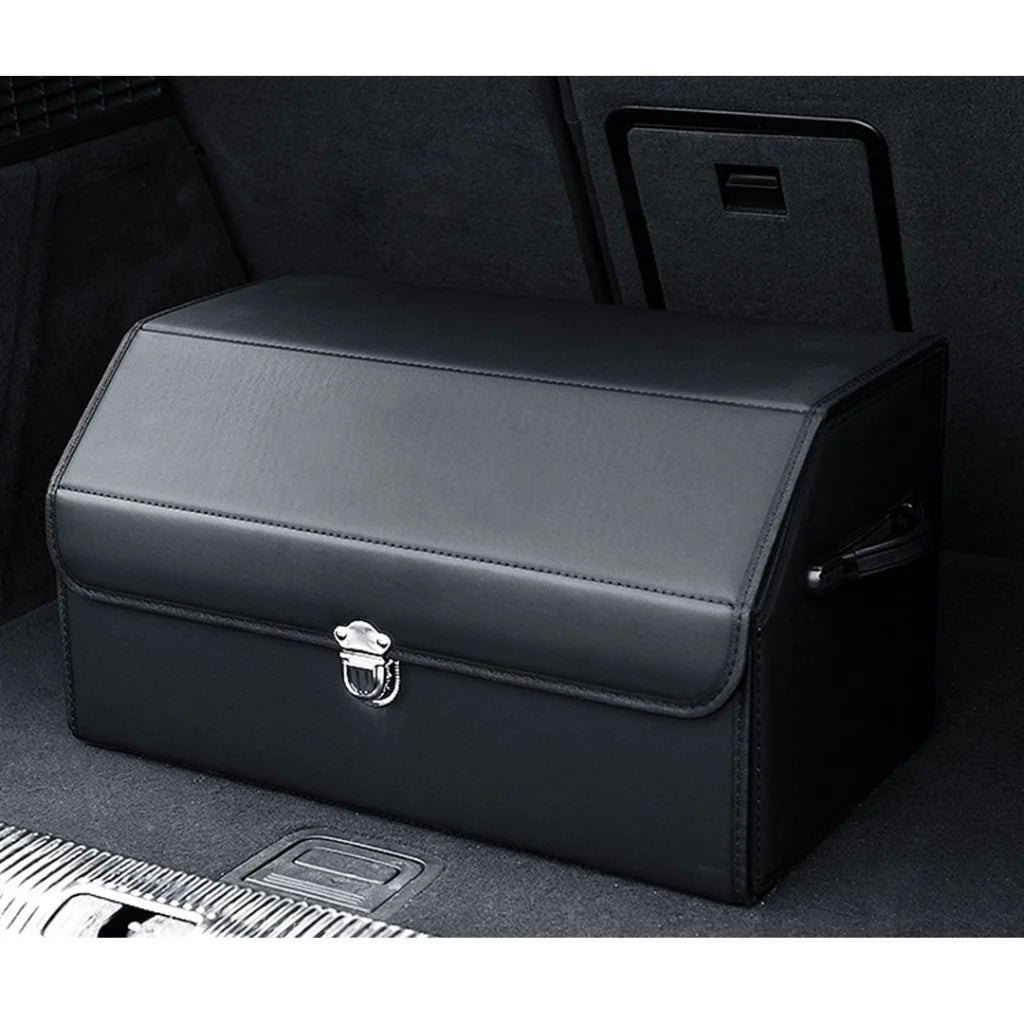 Leather Car Boot Trunk Cargo Organizer 4X Collapsible Foldable Storage Box with Lock Black Medium