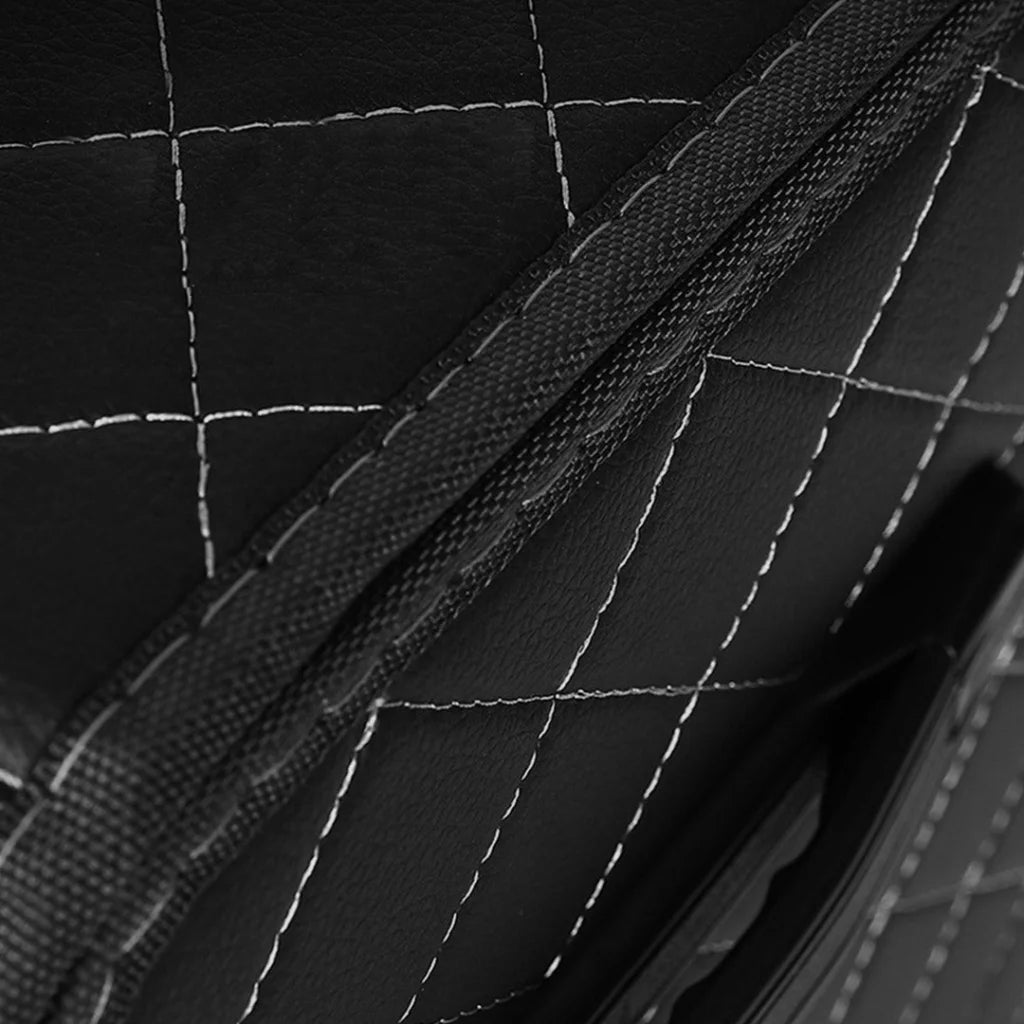 Leather Car Boot Trunk Cargo Organizer Collapsible Foldable Storage Box Black/White Stitch with Lock Large