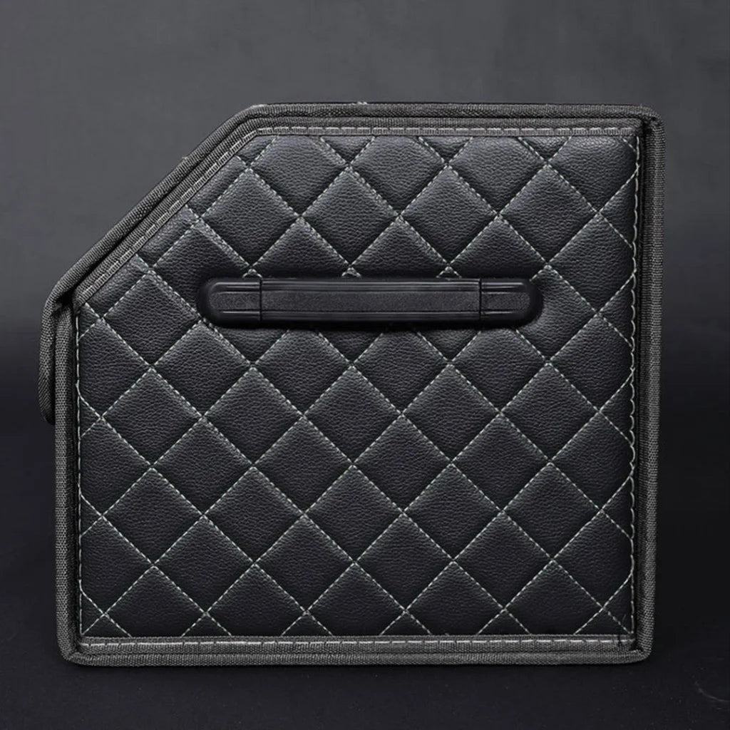 Leather Car Boot Trunk Cargo Organizer Collapsible Foldable Storage Box Black/White Stitch with Lock Large