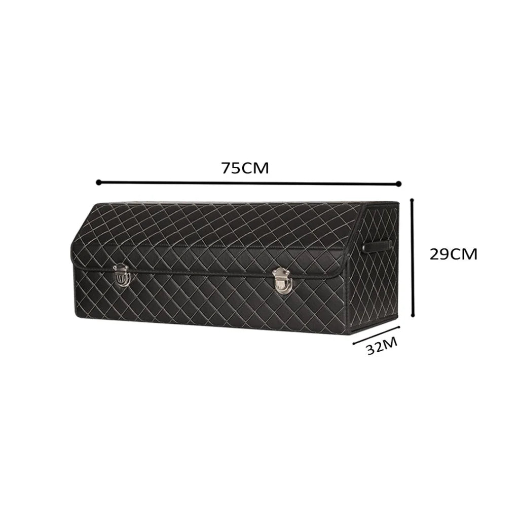 Leather Car Boot Trunk Cargo Organizer Collapsible Foldable Storage Box Black/White Stitch with Lock Large