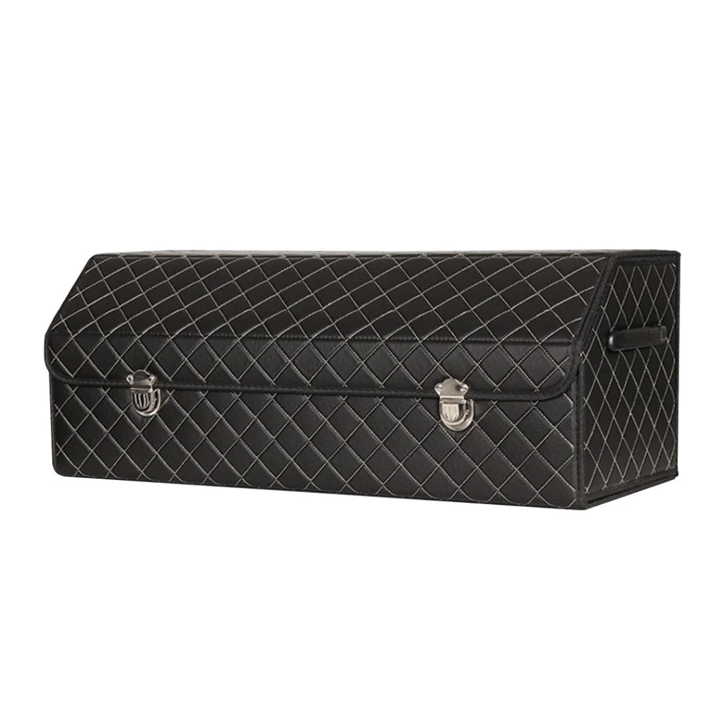 Leather Car Boot Trunk Cargo Organizer Collapsible Foldable Storage Box Black/White Stitch with Lock Large