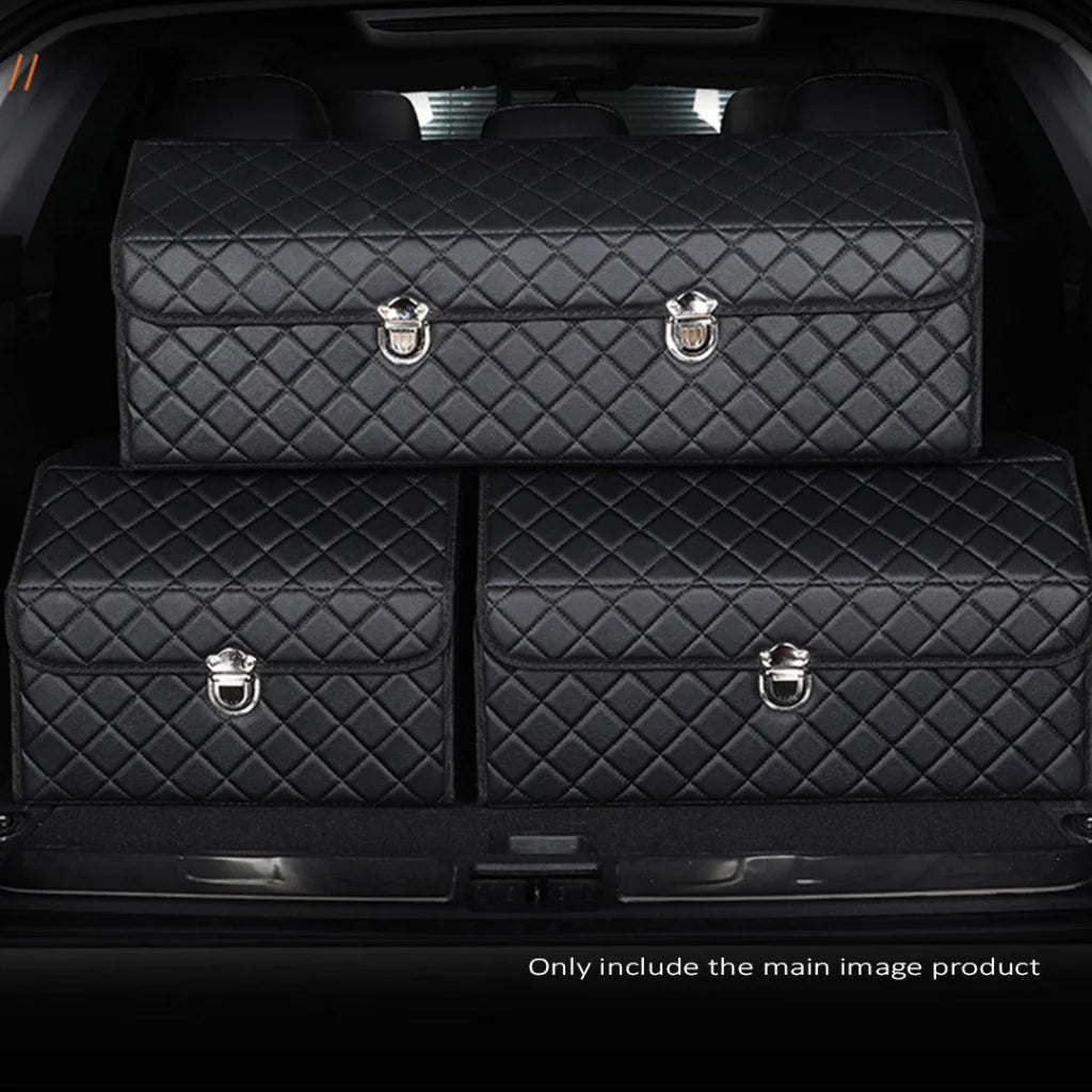 Leather Car Boot Trunk Cargo Organizer Collapsible Foldable Storage Box Black/White Stitch with Lock Large