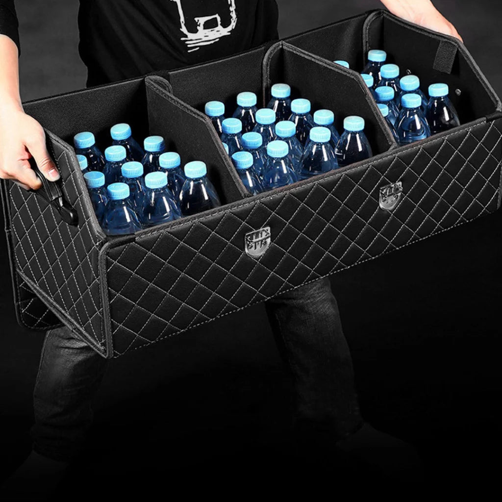 Leather Car Boot Trunk Cargo Organizer Collapsible Foldable Storage Box Black/White Stitch with Lock Large