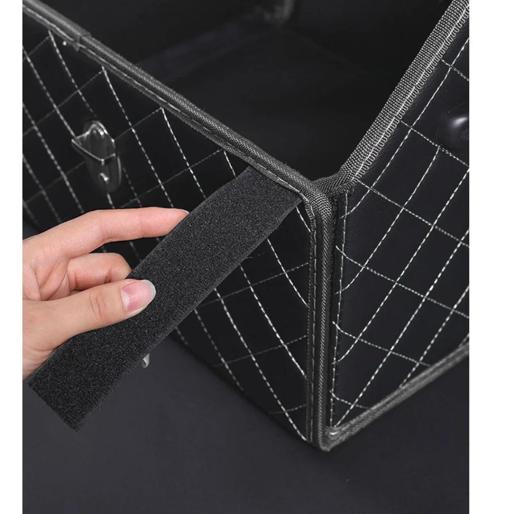 Leather Car Boot Trunk Cargo Organizer Collapsible Foldable Storage Box Black/White Stitch with Lock Large
