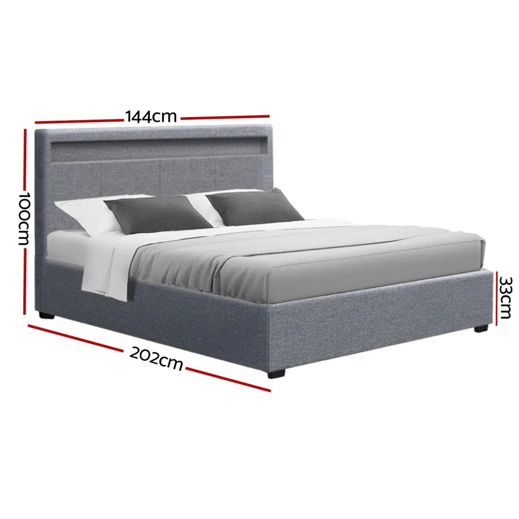 LED Bed Frame Fabric Gas Lift Storage - Grey Double