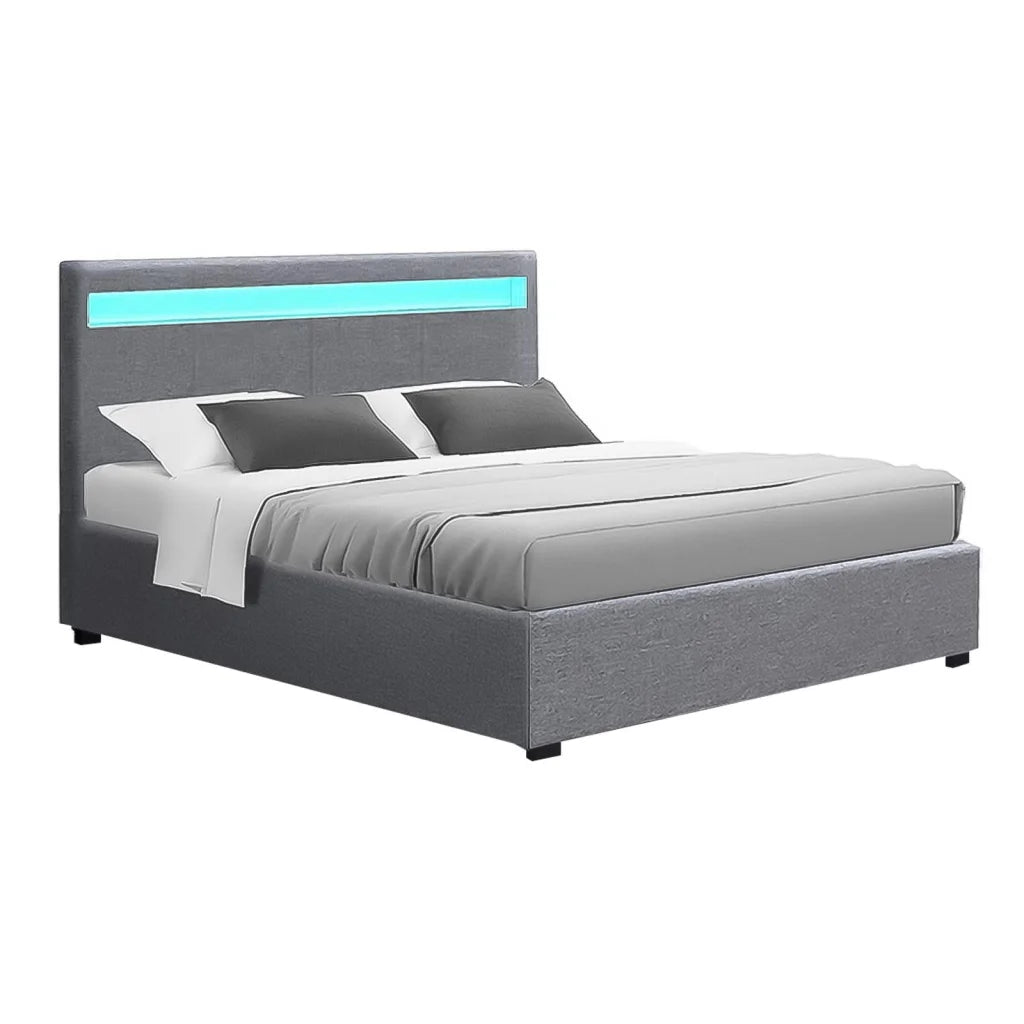 LED Bed Frame Fabric Gas Lift Storage - Grey Double