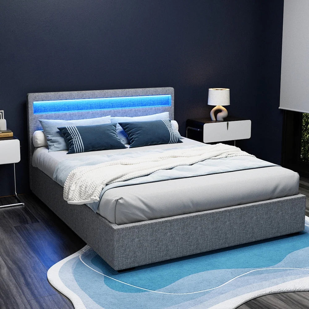 Grey fabric LED bed gas with colour matched pieces and support fittings