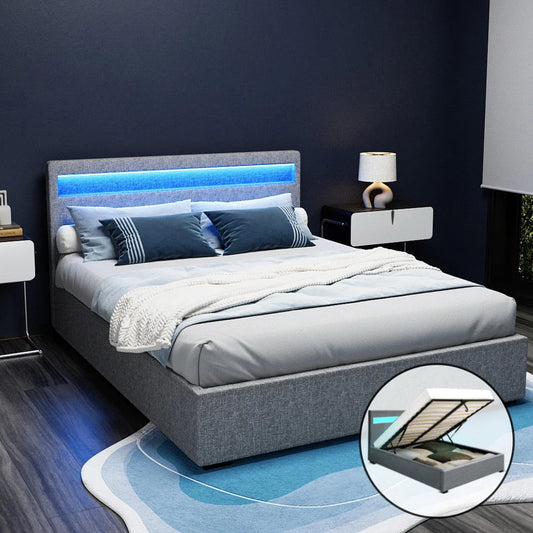 LED Bed Frame Fabric Gas Lift Storage - Grey Queen - Bedroom