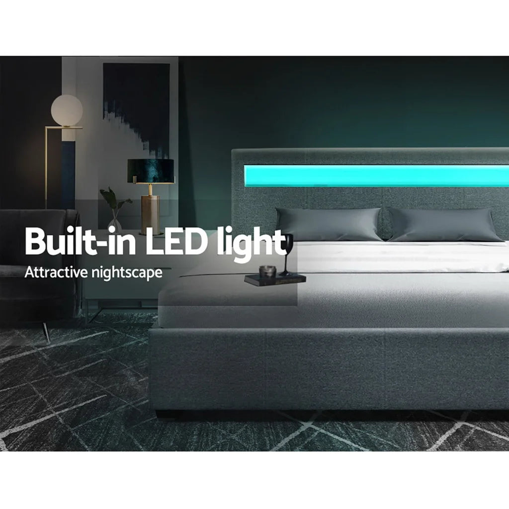 Grey fabric LED bed gas with storage shelves and support legs