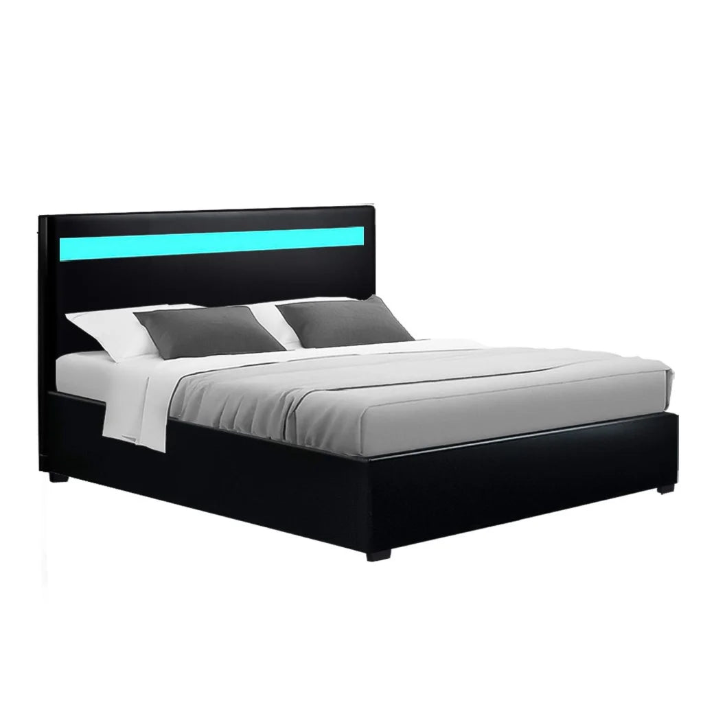 LED Bed Frame PU Leather Gas Lift Storage Black Double