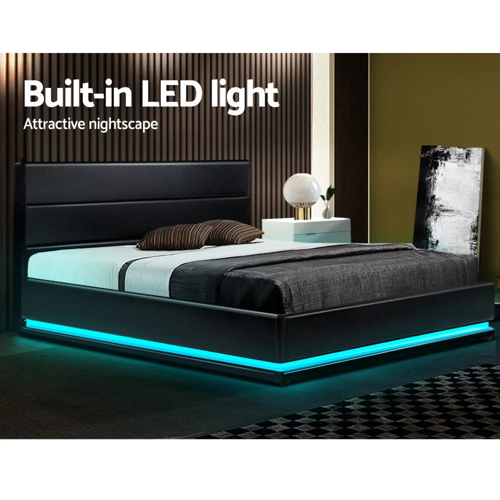 LED Bed Frame PU Leather Gas Lift Storage Black Double Lumi