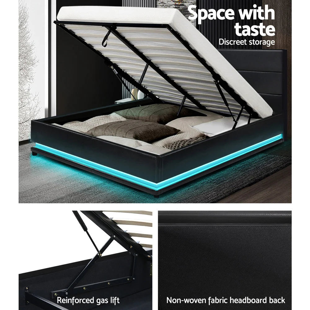 LED Bed Frame PU Leather Gas Lift Storage Black Double Lumi