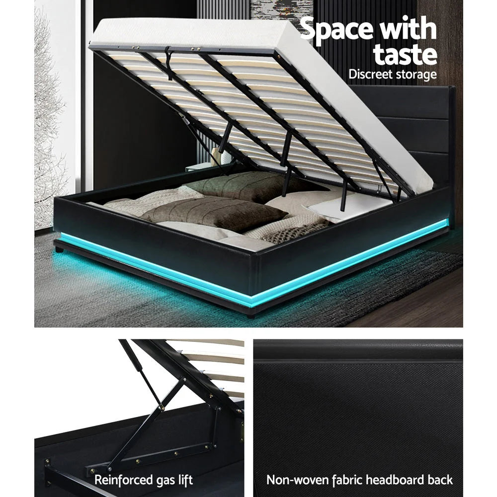 LED Bed Frame PU Leather Gas Lift Storage Black King Lumi