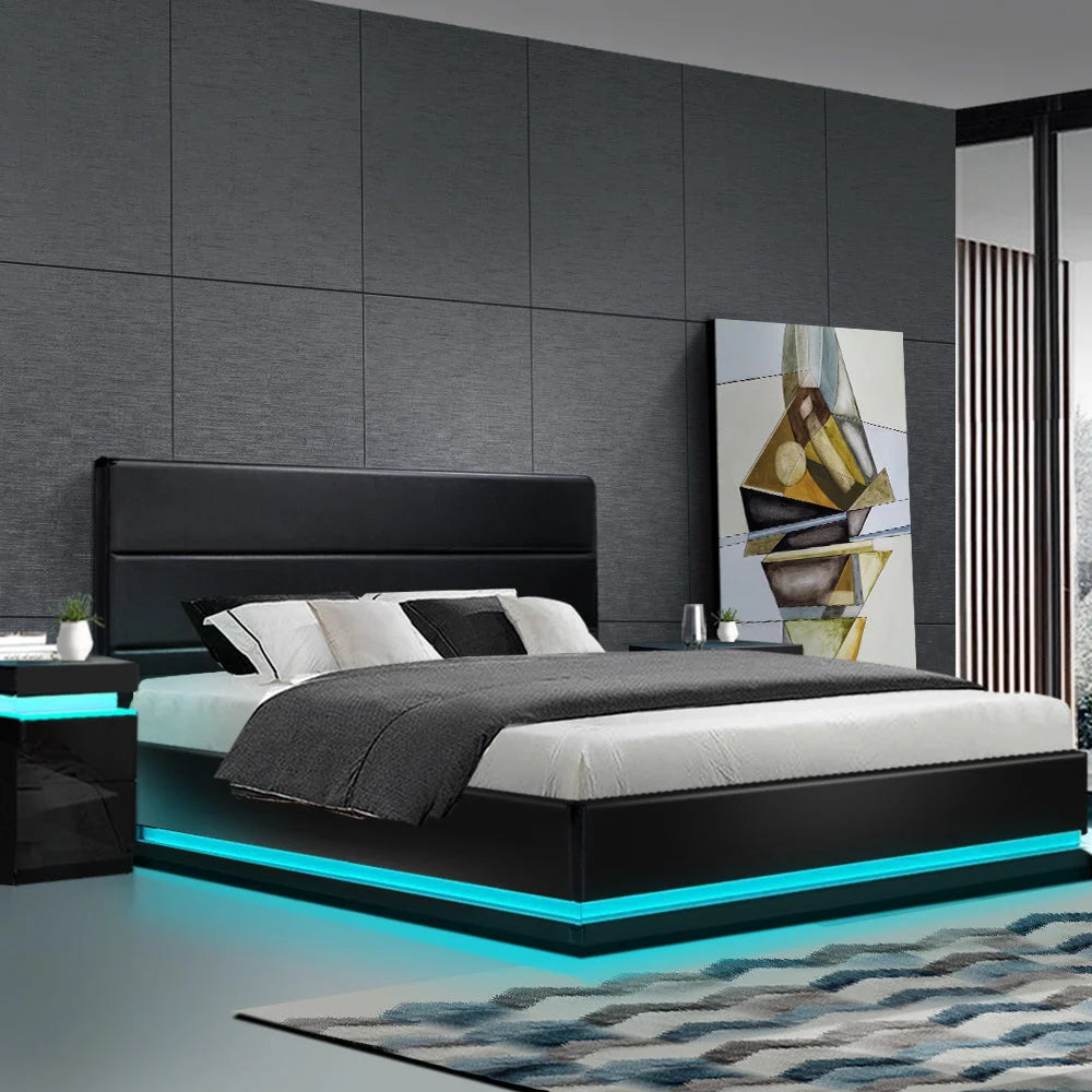 LED Bed Frame PU Leather Gas Lift Storage Black King Lumi