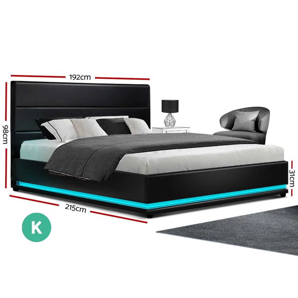 LED Bed Frame PU Leather Gas Lift Storage Black King Lumi