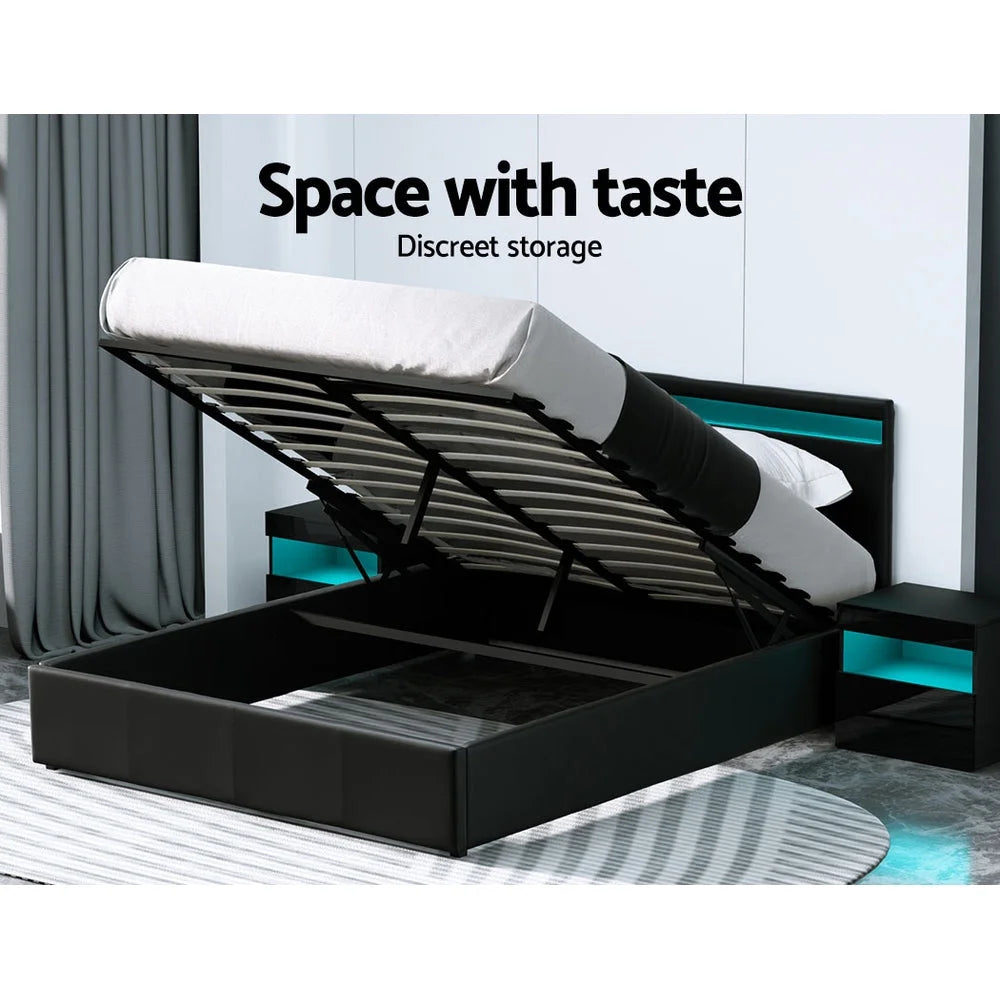 LED Bed Frame PU Leather Gas Lift Storage - Black Queen