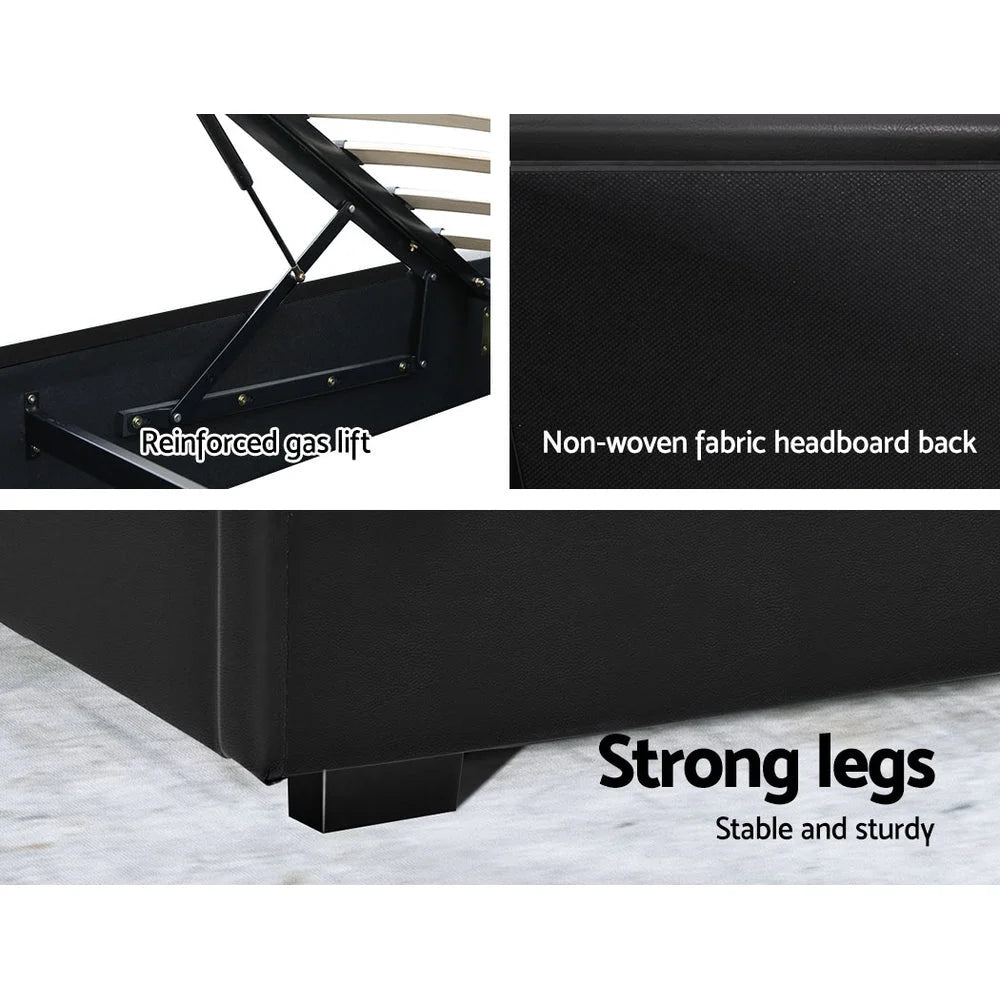 LED Bed Frame PU Leather Gas Lift Storage - Black Queen