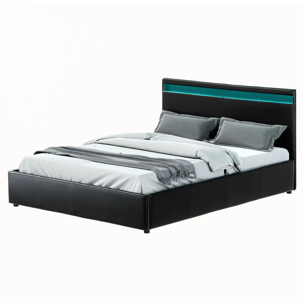 LED Bed Frame PU Leather Gas Lift Storage - Black Queen