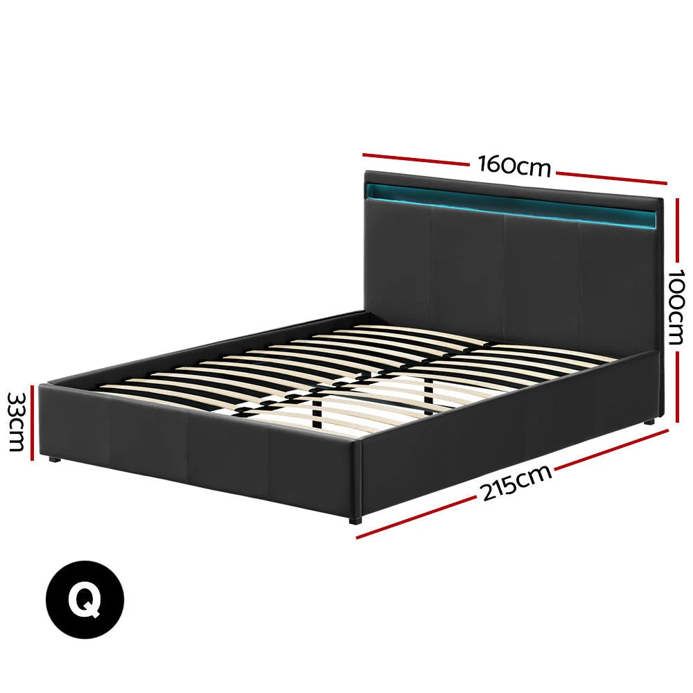 LED Bed Frame PU Leather Gas Lift Storage - Black Queen