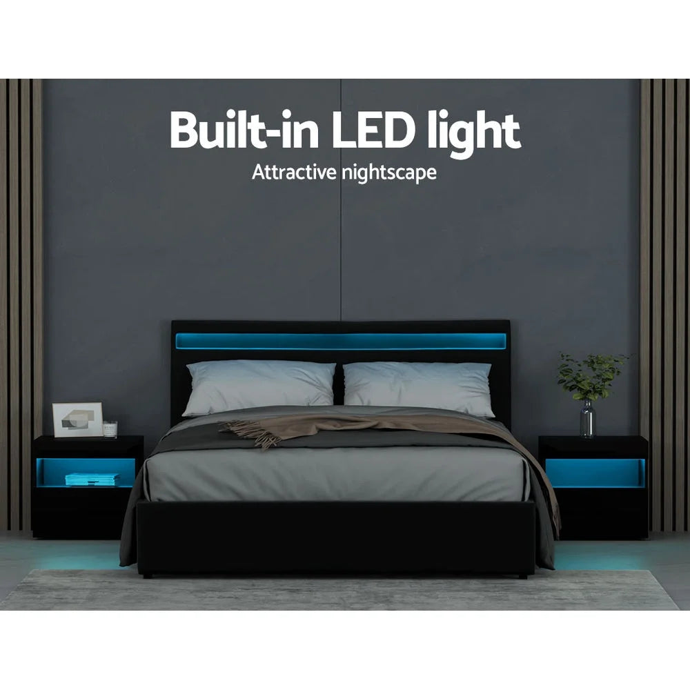 LED Bed Frame PU Leather Gas Lift Storage - Black Queen