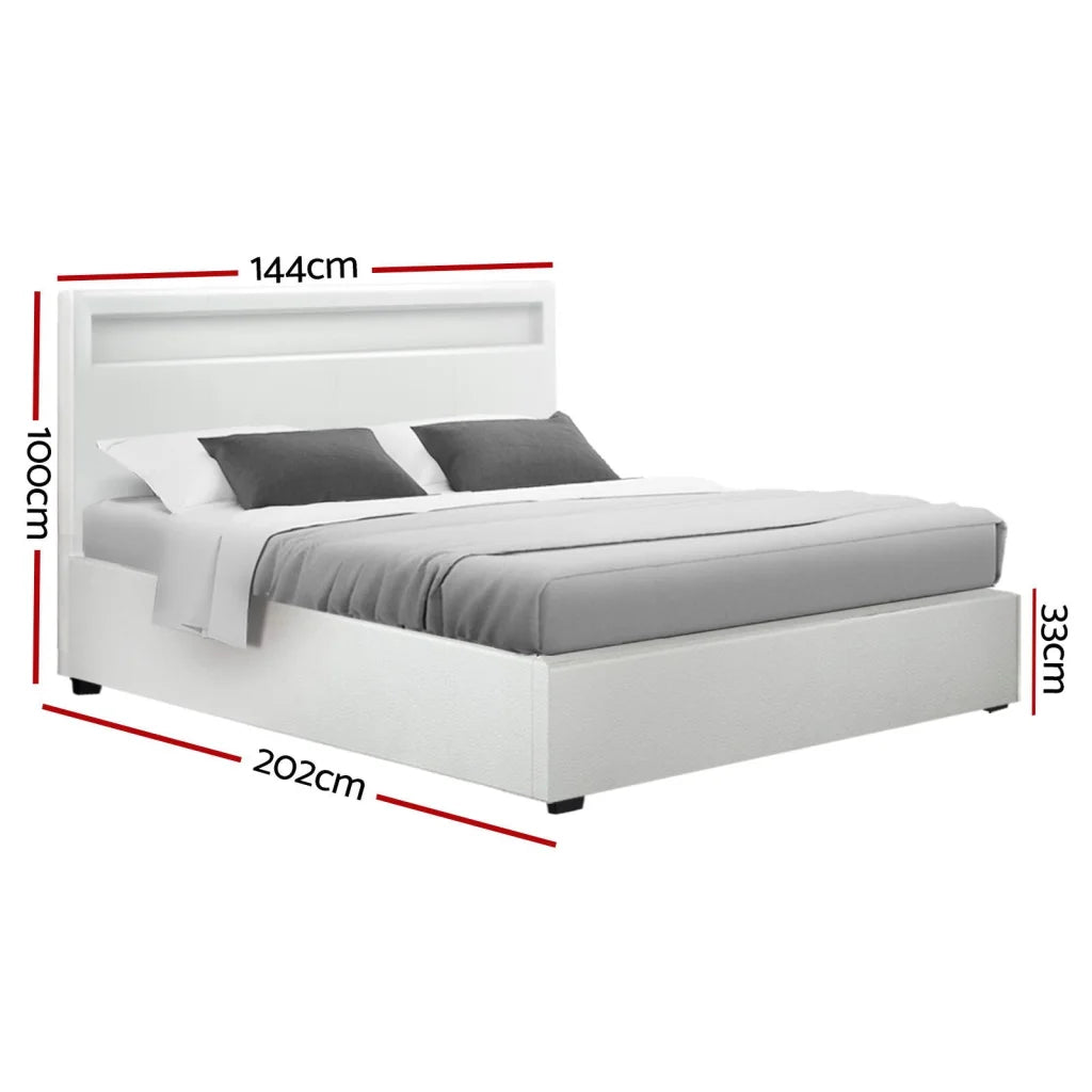 LED Bed Frame PU Leather Gas Lift Storage - White Double