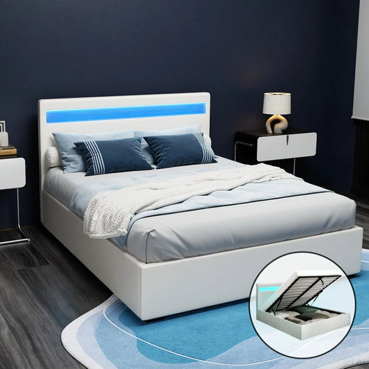 LED Bed Frame PU Leather Gas Lift Storage - White Double