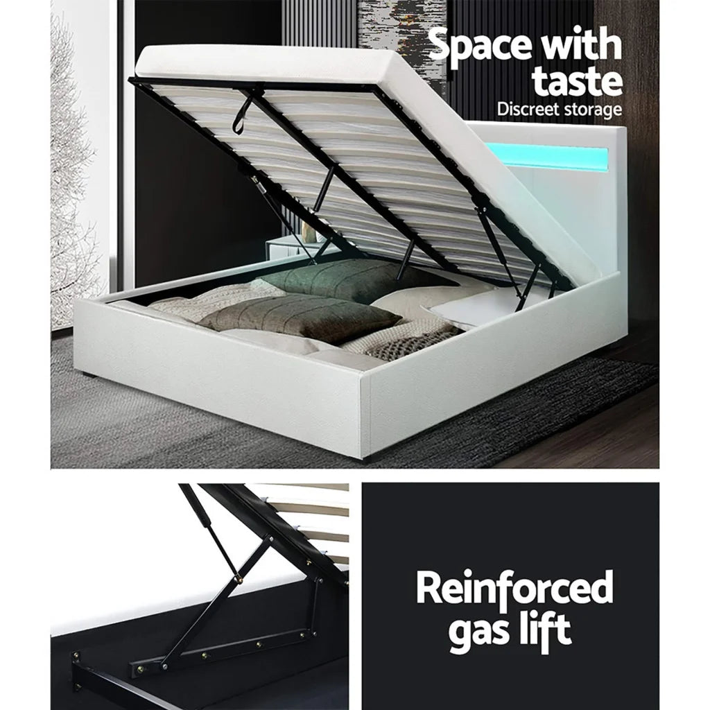 White leather LED bed PU with storage shelves and support legs