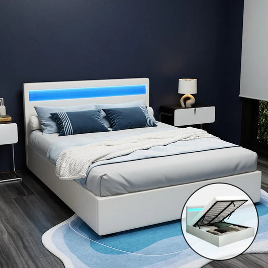 LED Bed Frame PU Leather Gas Lift Storage - White Queen