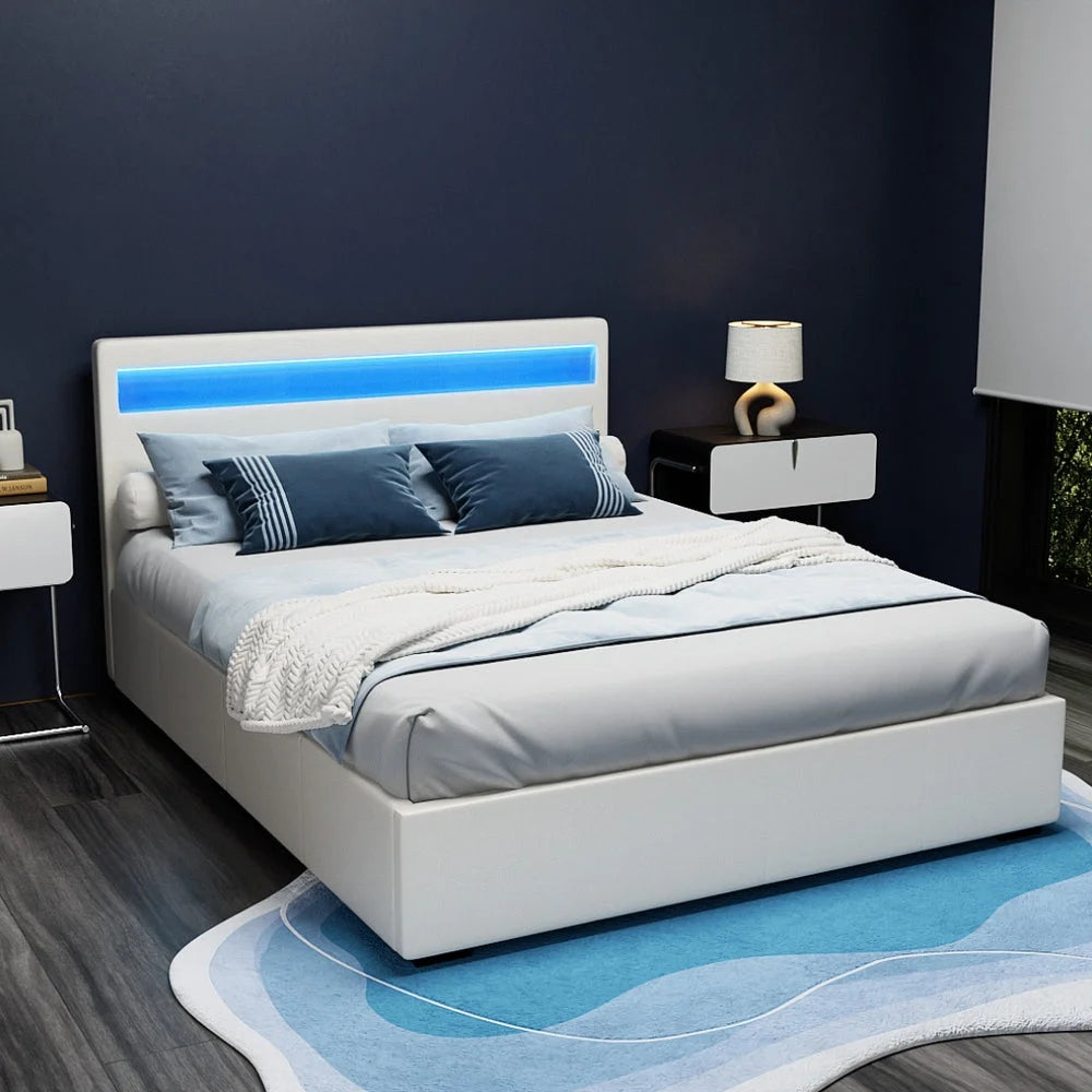 White leather LED bed PU with colour matched pieces and support fittings