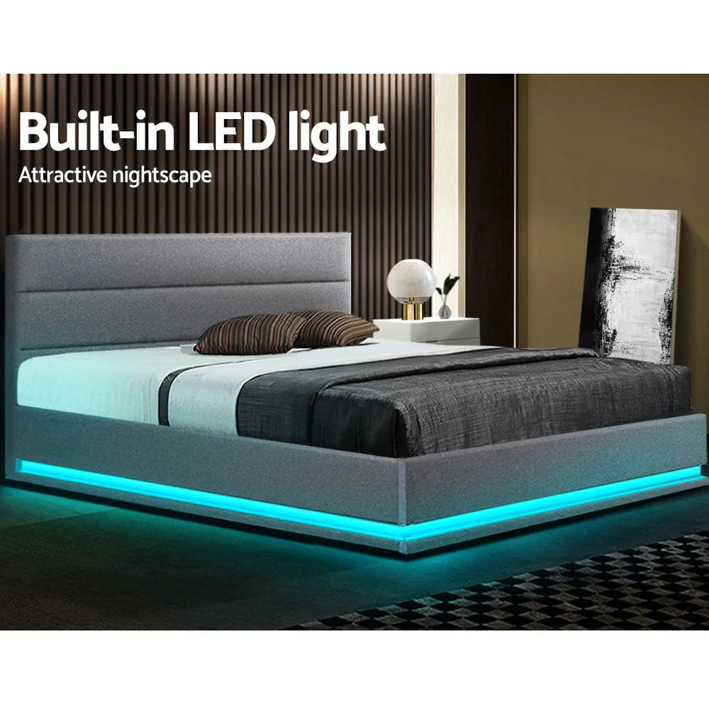 LED Bed Frame Queen Size Fabric Gas Lift Storage - Grey
