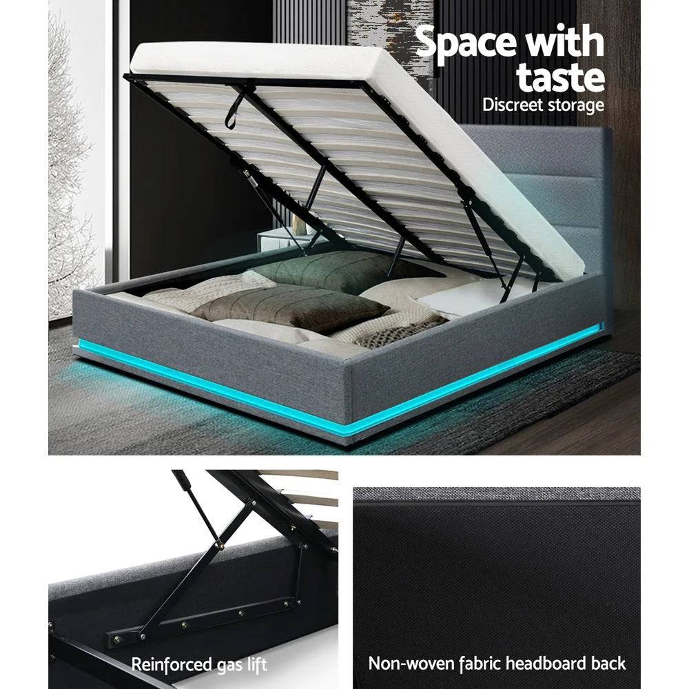 LED Bed Frame Queen Size Fabric Gas Lift Storage - Grey