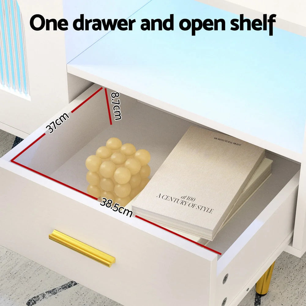 LED Coffee Table with Storage Shelf & Drawer - White