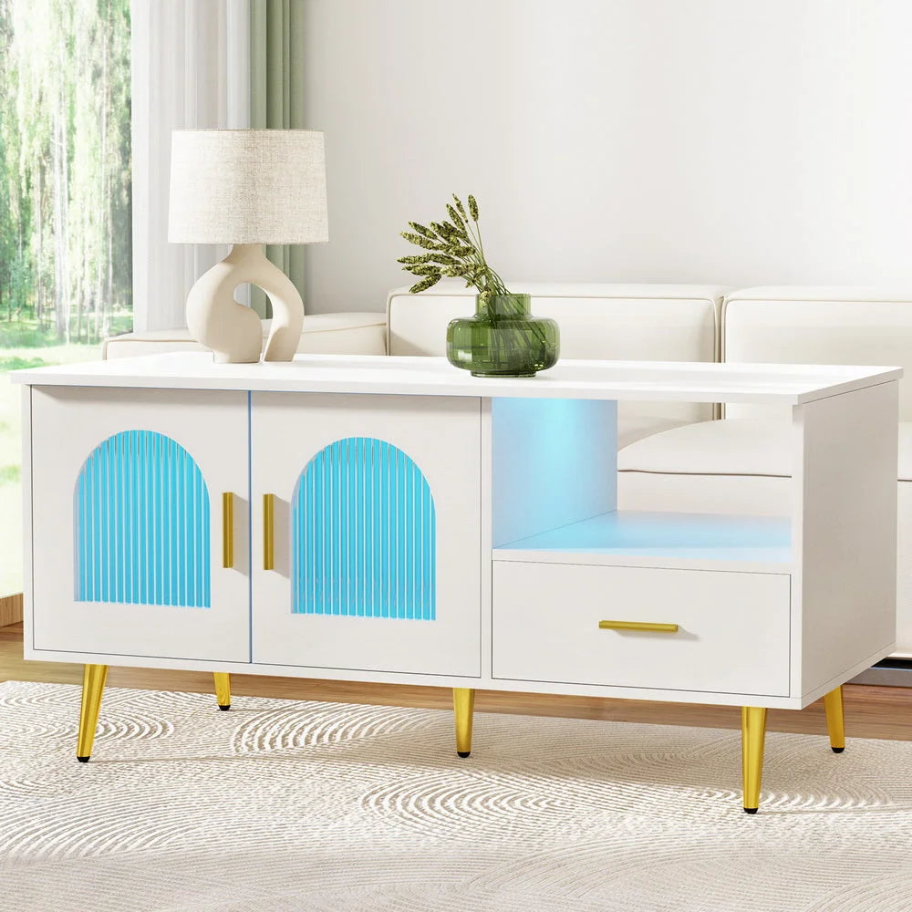 LED Coffee Table with Storage Shelf & Drawer - White