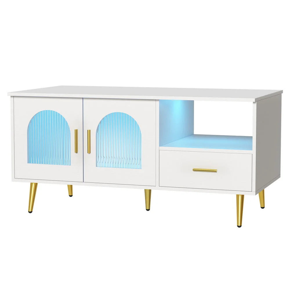 LED Coffee Table with Storage Shelf & Drawer - White