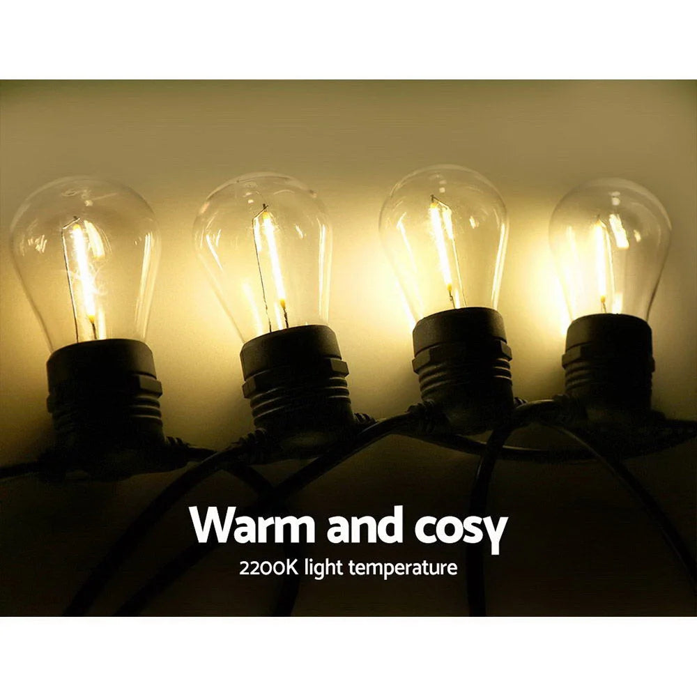 32m LED string lights with festoon bulbs spaced along outdoor wire
