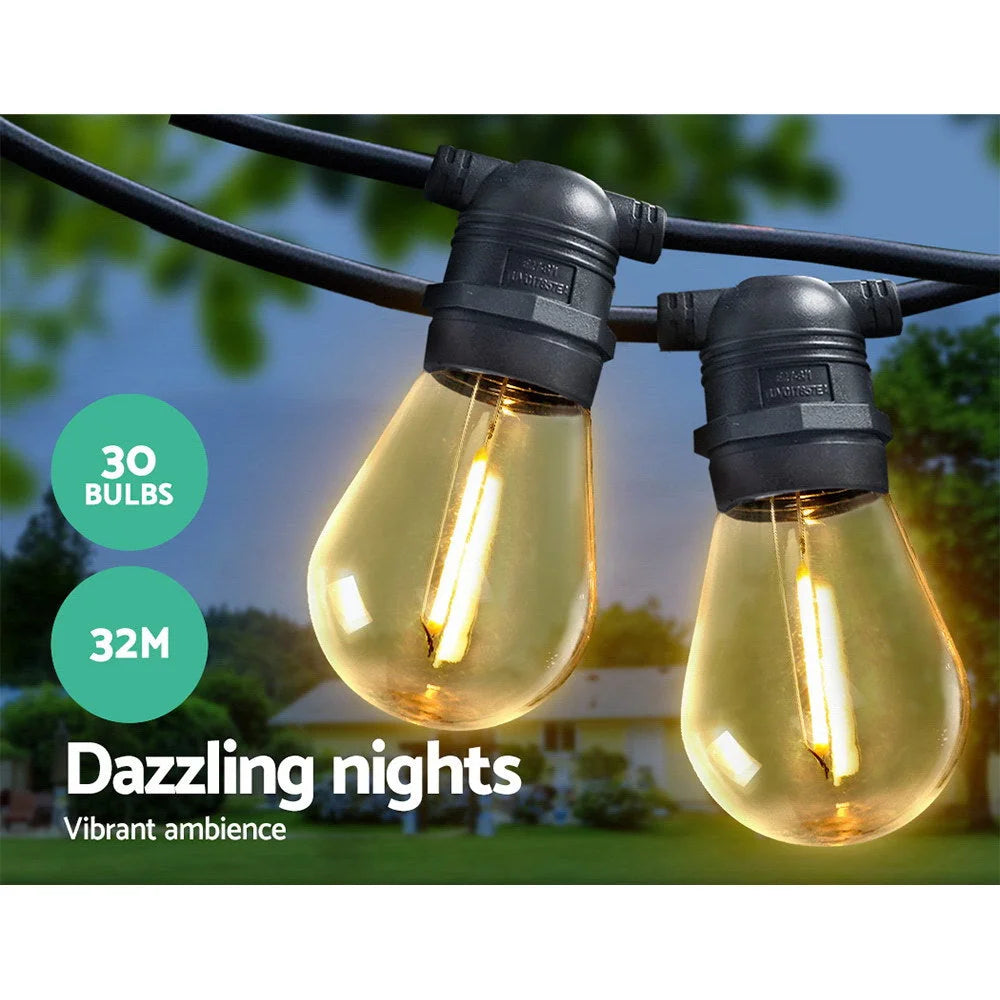 LED string lights with party light bulbs and black cord