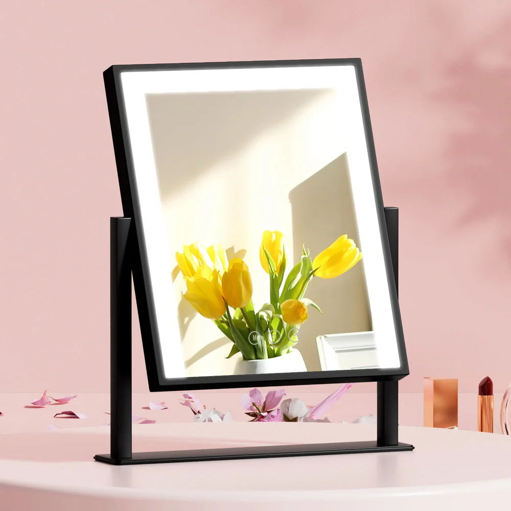 Black white mirror with led makeup hollywood standing