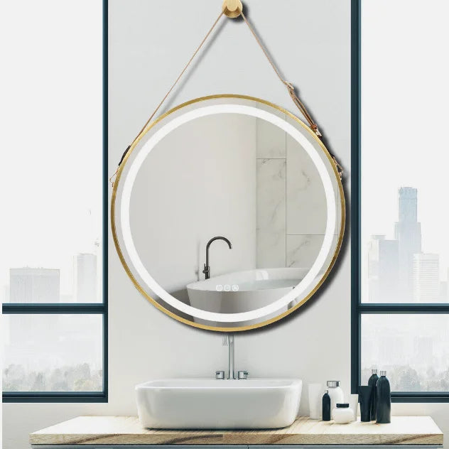 LED Round Hanging Wall Mirror Salon / Bathroom - Gold 80cm
