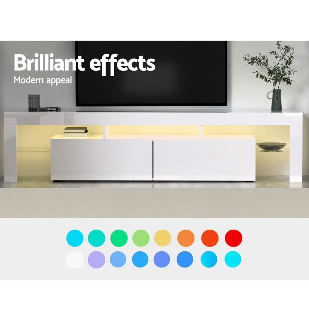 White glass 189cm TV stand with adjustable supports and fitted brackets