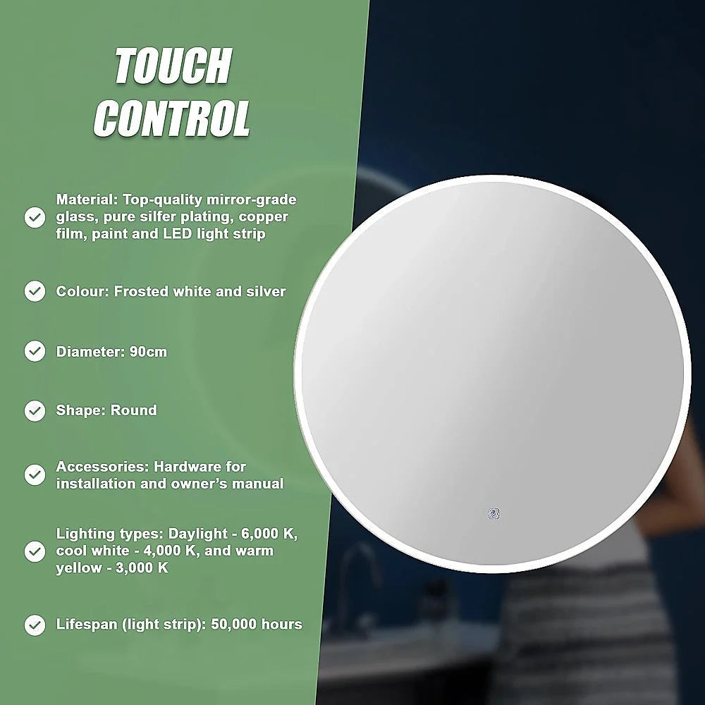LED Wall Mirror 90cm Round Bathroom Mirror with Light