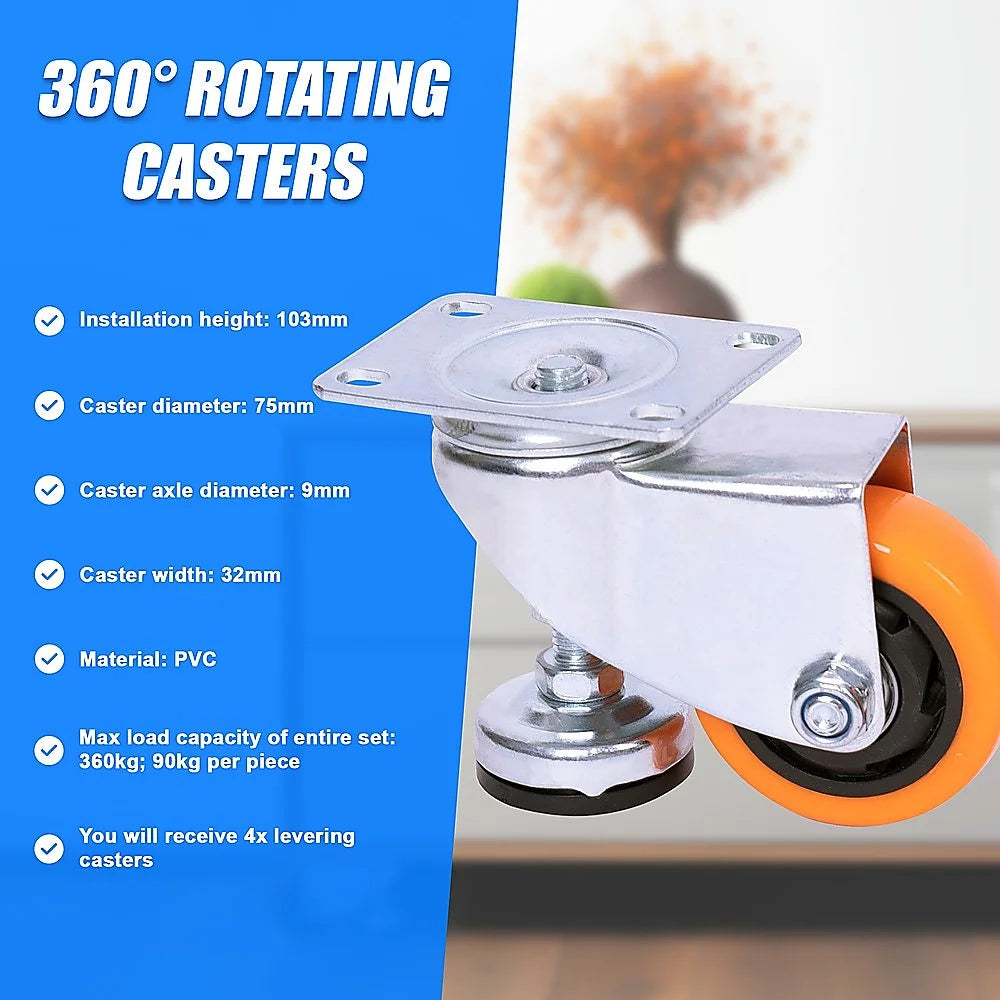 Leveling Casters Swivel Wheels - Set of 4 - 360kg Total