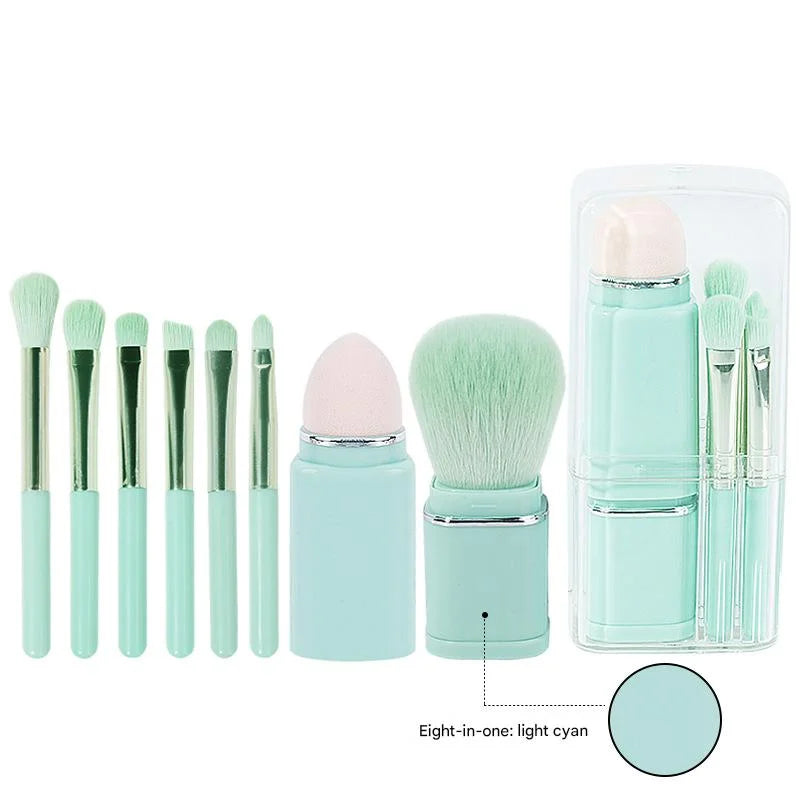 Lighgt Cyan Compact 8-in-1 Makeup Brush Set - Portable
