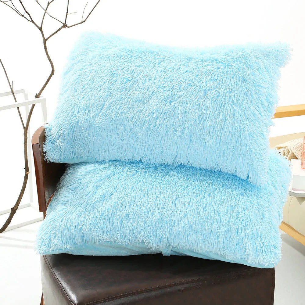 Light Blue Faux Fur Pillowcase Set - Crystal Velvet Plush
