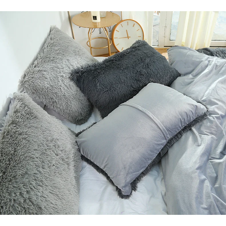 Light Grey Faux Fur Pillowcase Set - Crystal Velvet Plush