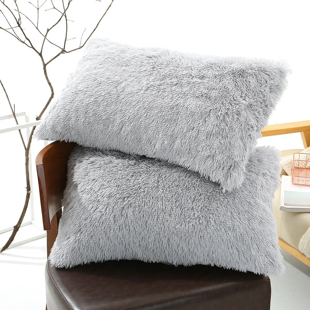 Light Grey Faux Fur Pillowcase Set - Crystal Velvet Plush
