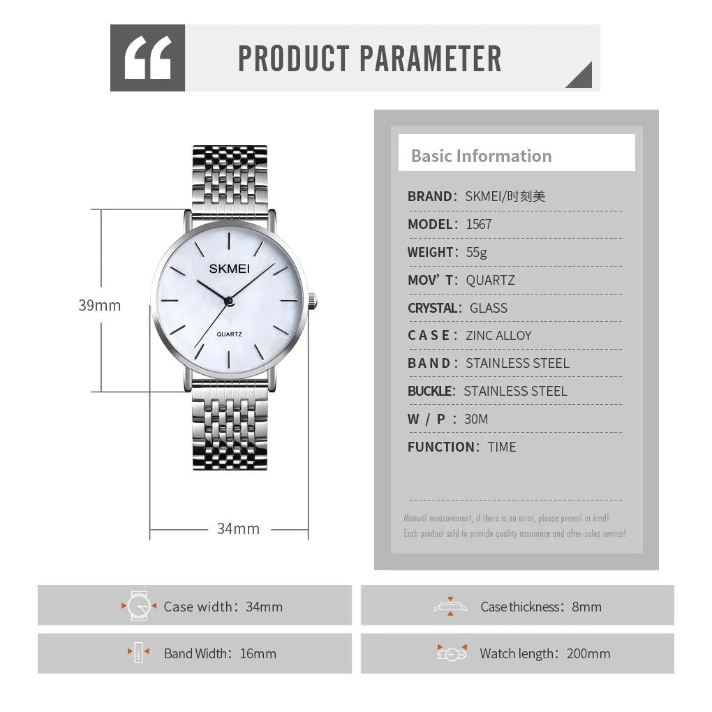 Light & Thin Waterproof Quartz Watch for Women with Steel