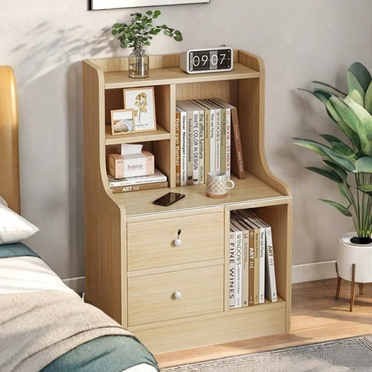 Light Wood Nightstand Secure Drawer Open Shelf Storage Tray